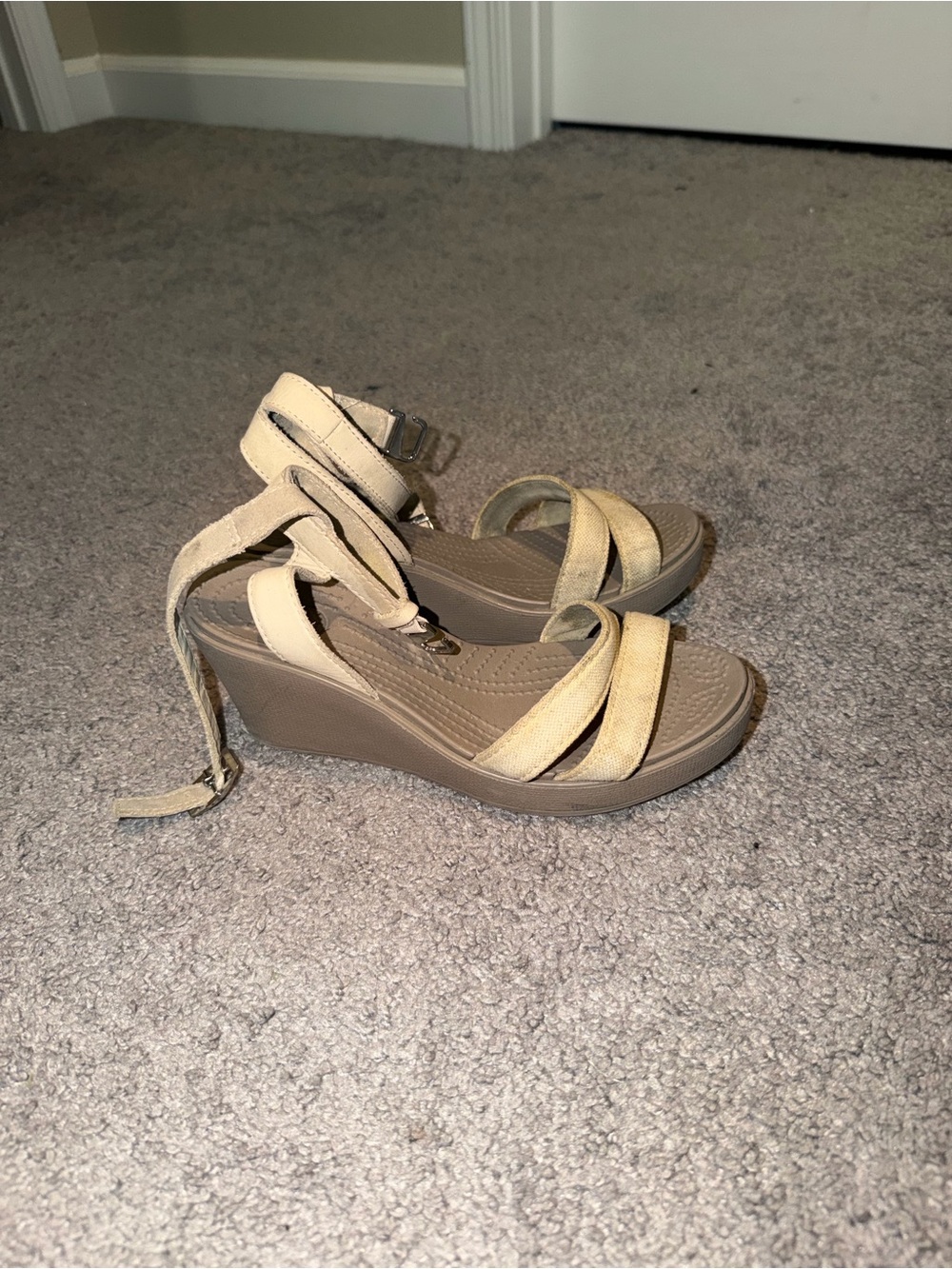 CROCS Beige Tan Wedge Sandals with Ankle Wrap
